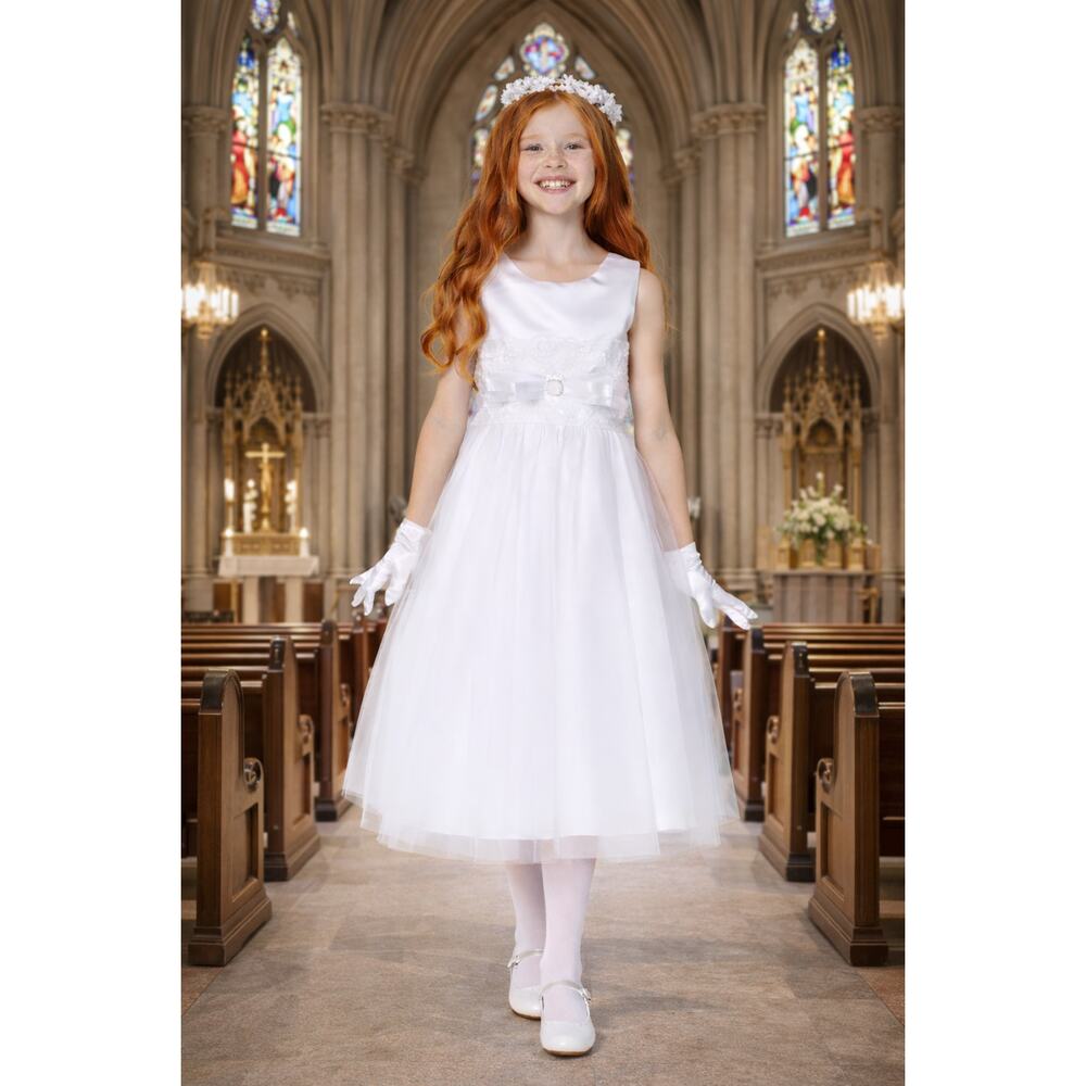 NEW Girls First Holy Communion Dress Size 7 - Satin with Embroidered Tulle Dress